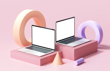 Aufkleber - Laptop mockup white screen with geometric shapes on pink background 3d render illustration