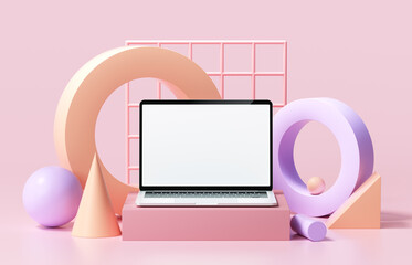 Aufkleber - Minimal Laptop computer front view with blank white screen. Abstract geometric shapes isolated on pink background. Fashion and trendy mockup. 3d render illustration