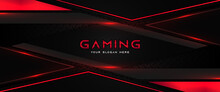Futuristic Black And Red Gaming Banner Design Template With Metal Technology Concept. Vector Illustration For Business Corporate Promotion, Game Header Social Media, Live Streaming Background