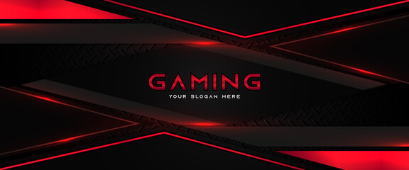 Poster - Futuristic black and red gaming banner design template with metal technology concept. Vector illustration for business corporate promotion, game header social media, live streaming background