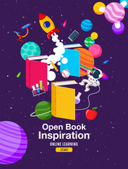 Wall Mural - Book Inspiration, Online Learning, study from home, back to school, flat design vector.