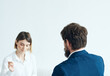 © SHOTPRIME STUDIO - A woman with documents listens to the problems of a man on a light background psychologist
