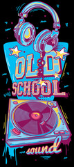 Sticker - Old school sound - funky colorful drawn musical turntable and headphones