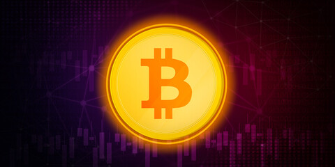 Poster - Beautiful Glowing Bitcoin Technology Concept with colorful background. Modern abstract tech backdrop