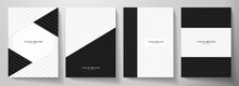 Modern Black, White Cover Design Set. Creative Abstract With Diagonal Dynamic Line Pattern (stripe) On Background. Premium Vector Collection For Business Brochure, Catalog Template, Booklet Layout