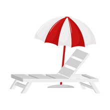 White Beach Sunbed And Sun Umbrella. A Symbol Of Summer. A Design Element For Vacation, Summer, Beach, Holidays. Flat Color Vector Illustration. Isolated On A White Background.