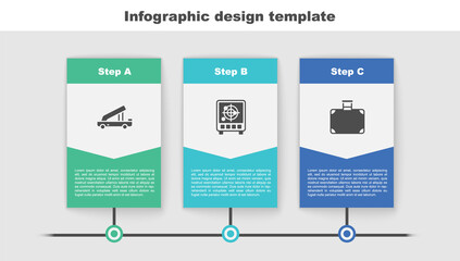 Sticker - Set Passenger ladder, Radar with targets on monitor and Suitcase. Business infographic template. Vector