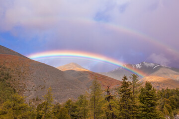 Wall Mural - Beautiful rainbow in the mountains. Rain clouds.