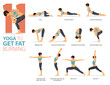 11 Yoga poses or asana posture for workout in Fat Burning concept. Women exercising for body stretching. Fitness infographic. Flat cartoon vector