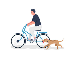 Sticker - Man riding on bicycle with dog running flat color vector detailed character. Exercise and activity. Pet care, lifestyle isolated cartoon illustration for web graphic design and animation