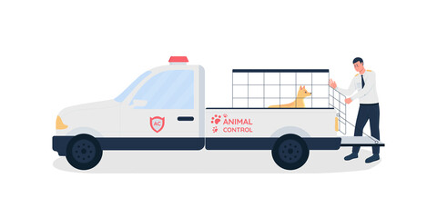 Poster - Animal control worker flat color vector faceless character. Man put dog in cage on truck. Rescuing pup. Pet rescue isolated cartoon illustration for web graphic design and animation