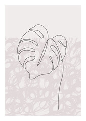 Poster - One line art monstera leaf plant poster. Elegant tropical leaf with grunge doodle texture background.