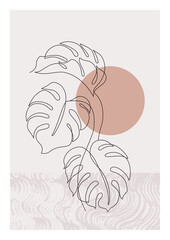 Poster - One line art monstera leaf plant poster. Elegant tropical leaf with grunge doodle texture background.