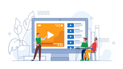 Aufkleber - Distance education video tutorial, online webinar, training or consulting, people sitting by desk and listening lessons. Vector studying with modern technologies at home or office, college university