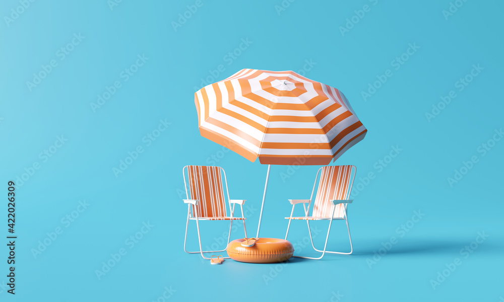 Beach umbrella with chairs and beach accessories on blue background. summer vacation concept. 3d rendering - obrazy, fototapety, plakaty 