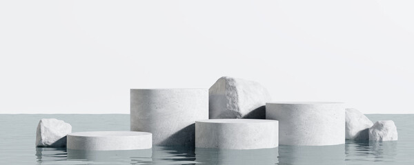 White stone podium, Cosmetic display product stand with water reflection background. 3D rendering