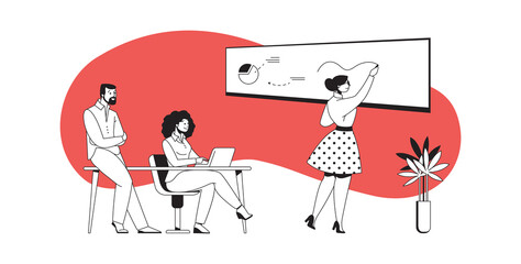 Poster - Office discussion. Cartoon female presenting business project and drawing graph on whiteboard. Men and women communicating in group. Partners meeting. Vector teamwork or brainstorming