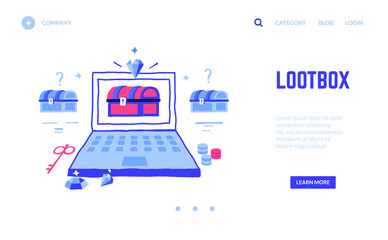 Poster - Loot box landing page. Win treasure in computer game or jackpot in online casino gambling. Website doodle design, interface template with buttons and copy space. Vector colorful UI mockup