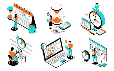 Poster - Task schedule. Office people organize effective work. Employees making timetable of meetings and events using electronic app or writing goals on whiteboard or organizer. Vector planning