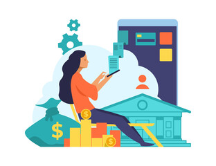 Poster - Online banking. Electronic bank payment or customer support. Woman manages finance using smartphone, writes to client assistance. Vector mobile financial application for money transfer