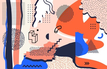 Poster - Minimal geometric background. Abstract modern collage, creative memphis banner. Colorful shapes and chaotic spots. Concentric circles, grid and dotted elements. Vector decorative print