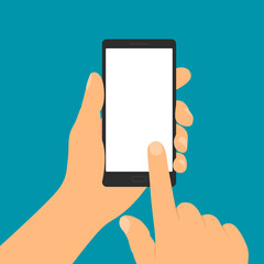 Poster - Flat design illustration of hand holding mobile phone with blank white display. Forefinger taps on touch screen, vector