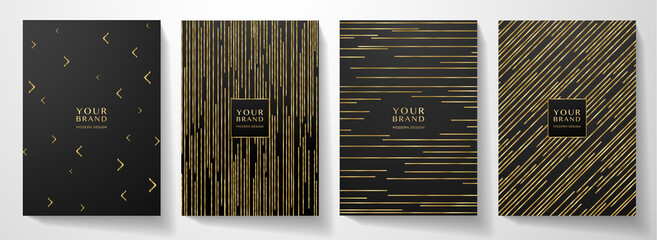 Wall Mural - Modern black cover design set. Luxury dynamic gold line pattern. Creative premium stripe vector background for business catalog, brochure cover template, notebook, invite