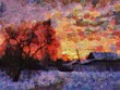 Landscape with a palette knife. Winter landscape with a palette knife. Winter village road, at sunset of the winter red sun. A small house on the background of snow