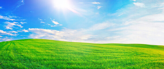 panoramic natural landscape with green grass field meadow and blue sky with clouds, bright sun and h