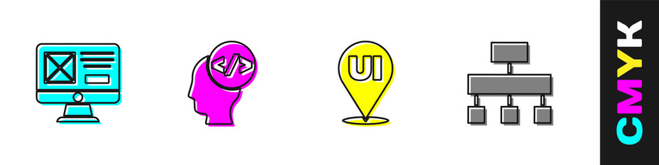 Set UI or UX design, Front end development, and Site map icon. Vector