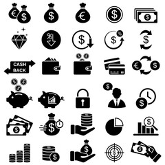 Finance and Money simple icons set. Hand with coins, credit card, wallet, ATM icon collection.