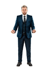 Wall Mural - Man Businessman in a business suit in full growth is isolated on a white background. Human gestures concept, body for photomontage.