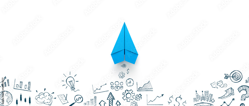 Blue paper plane and business strategy on white background, Business success, innovation and solution concept - obrazy, fototapety, plakaty 