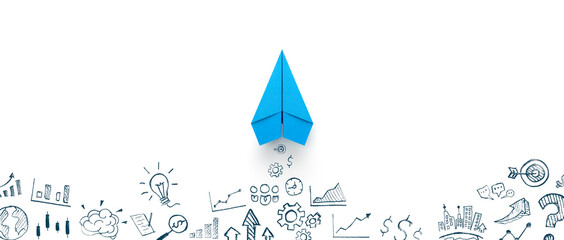 blue paper plane and business strategy on white background, business success, innovation and solutio