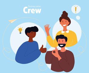 Poster - Business theme with a team of three diverse people with ideas icons