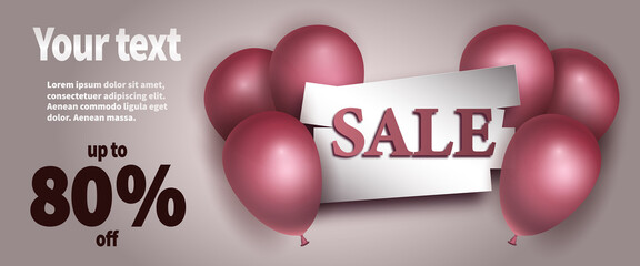 Wall Mural - Sale banner. Pink realistic air balloons. Place for your text. Vector design template