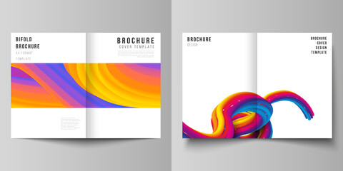 Poster - Vector layout of two A4 format modern cover mockups design templates for bifold brochure, flyer, booklet. Futuristic technology design, colorful backgrounds with fluid gradient shapes composition.