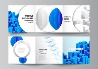 Poster - Vector layout of square covers design templates for trifold brochure, flyer, magazine, cover design, book design. 3d render vector composition with dynamic realistic geometric blue shapes in motion.