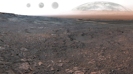 Wall Mural - fantastic mars planet surface with earth and moons on the background. mars colonization concept. ele