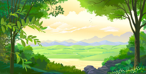 Wall Mural - two trees, a pile of rocks, a bunch of lowers, thick bushes of plants, vast beautiful meadows, and a