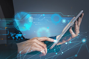 Poster - Businesswoman finger point on a tablet screen with digital hud