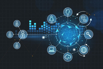 Poster - Digital blue hologram with network and data icons