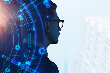 Poster - Businessman profile in suit and glasses, double exposure with da