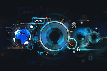 Fototapete - Digital hud with earth globe, fingerprint and network circuit