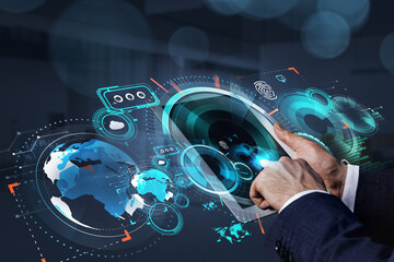 Poster - Businessman finger point on a tablet screen with digital hud