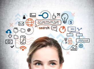 businesswoman with pensive look, network communication icons