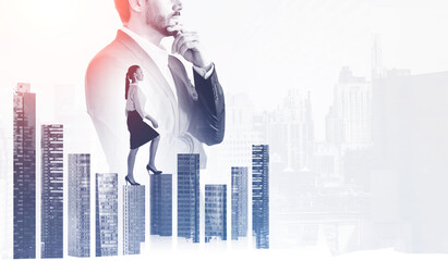 Wall Mural - Businesswoman climbing bar chart, double exposure of businessman and skyscrapers