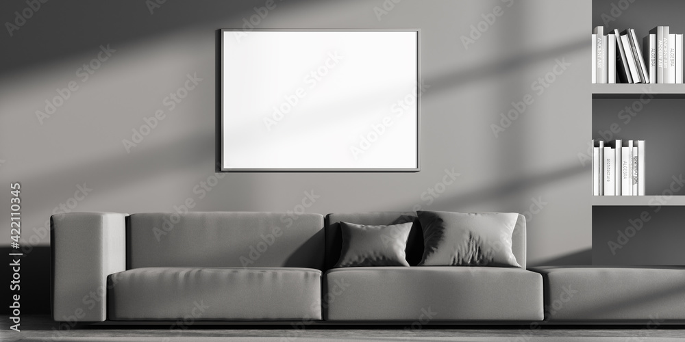 Waiting room interior with empty white poster on grey wall - obrazy, fototapety, plakaty 