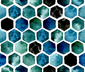 abstract watercolor pattern with colored honeycombs. hexagons in blue and green, indigo and ultramarine on a white background. print tiles, morocco