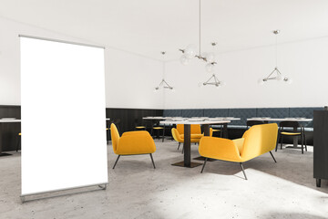 Cafe interior with tables and armchairs, open space restaurant with mockup banner